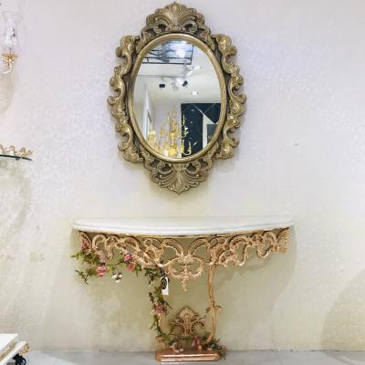 China Gold Face Contemporary French Luxury Marble Copper Console Matching Palace Style Retro Palace Hollway Mirror for sale