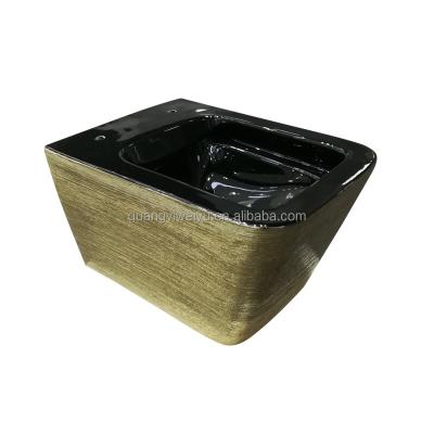 China Hidden Cistern Luxury Ceramic Black Cistern Golden Brushed Square Wall Hung Toilet For Palace for sale