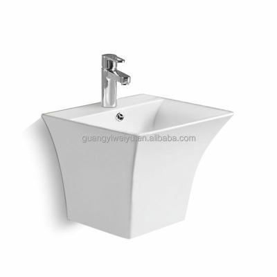 China Modern European Style Wash Basin Smooth White Wall Hung Sink One Piece Ceramic Square Hung Basin for sale