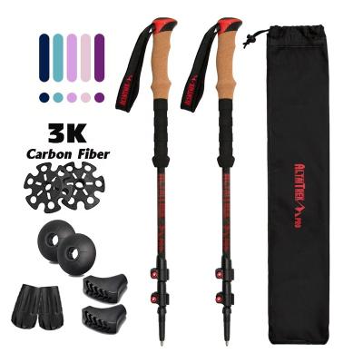 China Outdoor Sports 100% Antique Nordic Carbon 3K Fiber Telescoping Collapsible Self Defense Increasing Trekking Poles Canes for sale