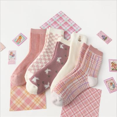 China Cute Sporty Girl Pink Rabbit Cushioned Cotton Crew Sock Japanese Korean Style for sale