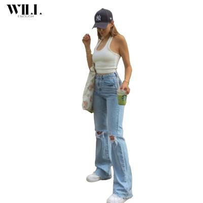 China New Women's Breathable Jeans Wide-Leg High Rise Pants Ripped Washed Blue Women's Jeans for sale