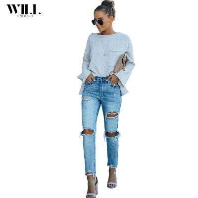 China Breathable new slim fit looks slim and ripped littlefoot women jeans for sale