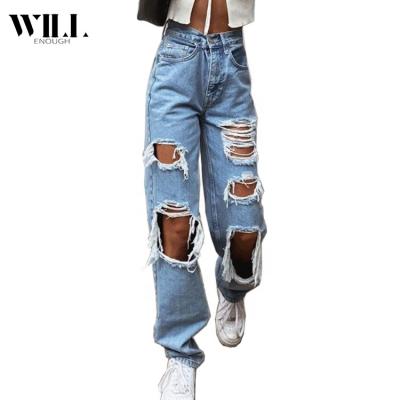 China New Fashion Street Breathable Ripped Casual Mid-Rise Straight-Leg Pants Womens Jeans for sale