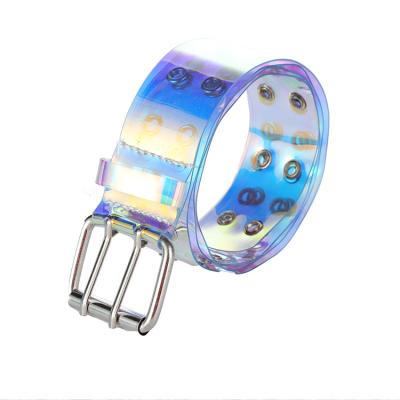 China Self-produced fashion plastic PVC holographic transparent spot eyelet belt European and American colorful eyelet belts wholesale double exhaust eye belt for sale