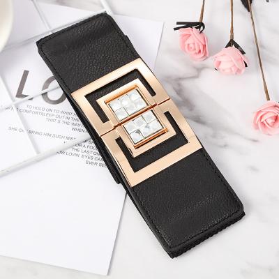 China Latest European Rustic Ladies Alloy Buckle Square Head With Decorative Drill Stretch Shirt Belt With Custom Wide Drill Belt for sale