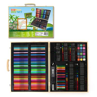 China 258pcs Wooden Box Children Drawing and Studying Painting Set Crayon Pencil Watercolor Brushes Kids Gift Stationery Art Drawing Set for sale