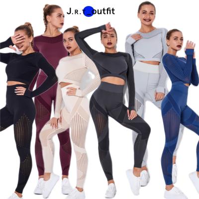 China Breathable Long Sleeve Crop And Leggings Activewear Ribbed Seamless Womens Yoga Set for sale