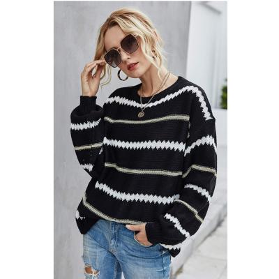 China Anti-wrinkle Autumn Fashion Trendy Stripe Lantern Sheath Pullover Sweater Tops by Kintted for sale