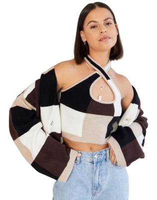 China OEM 2021 Latest Design Anti-Wrinkle VSCOO Color Block Striped Vest and Crop Top Sweater Equipment Two Piece Sweater Sets for sale