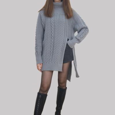 China Anti-wrinkle design new long sleeve cable knitted sweater oversized short front and long back plus size pullover knit turtle neck women sweaters for sale