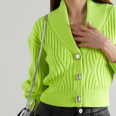 China Anti-wrinkle fashion gem button knitted sweater cardigan ribbed long sleeve knit crop top cardigan woman sweater for sale