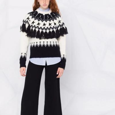 China Anti-wrinkle vintage jacquard knit sweater crewneck long sleeve tassels knitted jumpers women pullover sweaters for sale