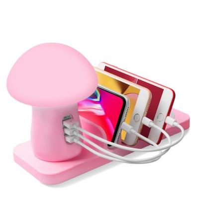 China Mobile Phone Desk and Lovely Home Use Mushroom LED DESK LAMP WITH 3 USB Charging Left and Wireless Charger Pink Color /White Color for sale