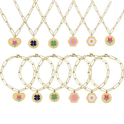 China Factory Directly Lucky Clover Tulip Stainless Steel Pendant Jewelry Set 18K Gold Plated Stainless Steel Necklace Bracelet Set Y2K for sale