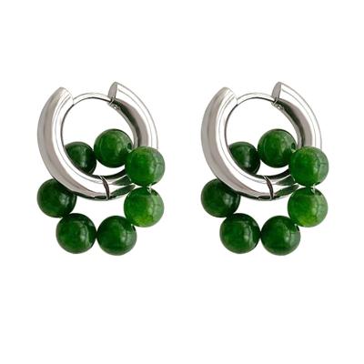 China Factory New Arrival Green Stone Beaded Stainless Steel Hoop Earrings Jewelry Removable Green Dangle Earring For Women for sale