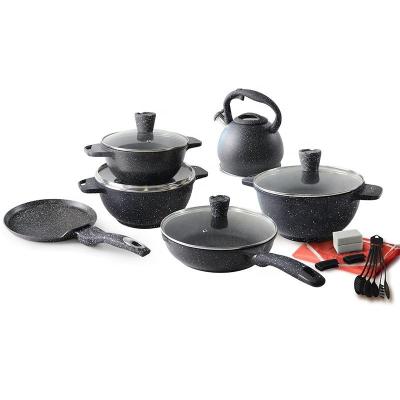 China Sustainable Die Cast Cookware Set 21Pcs Cooking Pots Non-Stick Marble Cookware Set Soup & Stock Pots With Glass Lid for sale