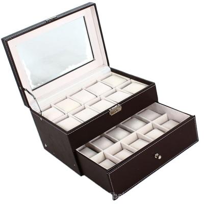 China Large Portable Leather 24 Slots Wristwatch Storage Box Case Display Box With Clear Lid for sale