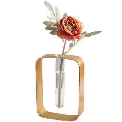 China Hollow design plant desktop stand flower pot metal sight test tube rectangular hydroponic glass creative decorative vase for sale