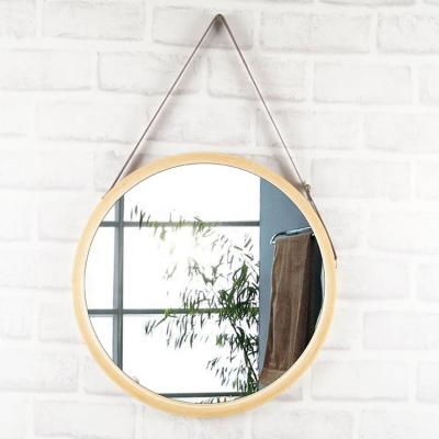 China Rustic Round Hanging Mirror 16 Inch Circle Wall Mirror With Leather Strap for sale