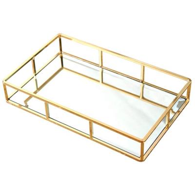 China Phota Gold Mirror Tray Perfume Vanity Metal Decorative Tray Jewelry Perfume Organizer 11.8*7.3*2 inch for sale