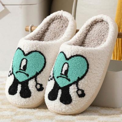 China Custom Logo Bedroom Indoor Warm Slippers Cute Red Heart Bad Bunny Slippers Slides Ladies Winter Hot Sale Plush Stock for sale