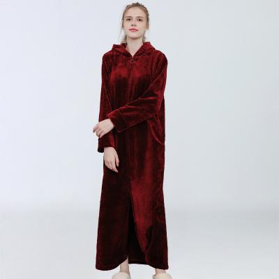 China Breathable Ladies Thick Hood Long Sleeves Wool Flannel Coral Bathrobe for sale