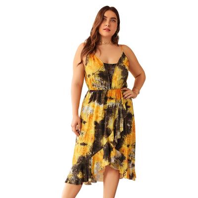 China Customized Viable Summer 2022 High Quality V Neck Lace New Women Plus Size Tie Dye Sexy Dress for sale