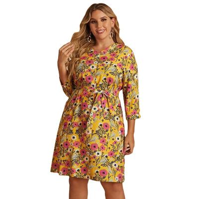 China Bohemian Summer Bohemian Women Bodycon Mini Viable Lace Up Flower Print Plus Size Dress for sale