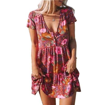 China Mini Sweet Floral Print One Piece V-Neck Factory Outlet Summer Viable Short Sleeve Sexy Casual Dress for sale