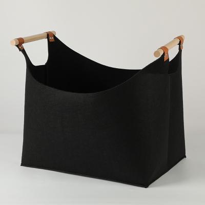 China Classical Household Items Felt Bag Firewood Basket With Wooden Handle For Firewood Foldable Fireplace Basket Felt Basket for sale