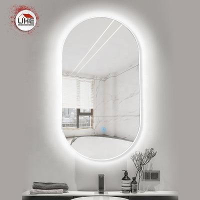 China Bathroom Mirror Touch Backlit Vanity Mirror Magnifying Led Acrylic Aluminum Frame Around Oval Square Custom Wall Mirror for sale