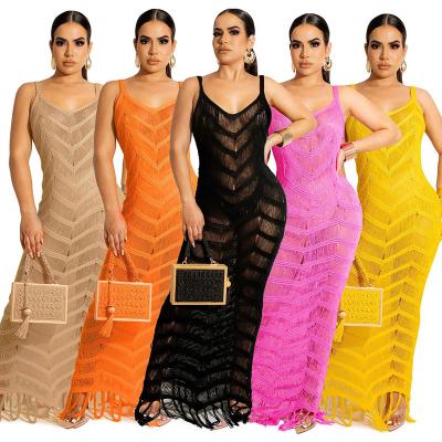 China New Europe and America women's long dress woolen sexy bridle knitted fringed beach dress for sale