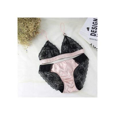 China Fashion Breathable Hot Selling Women Lace Up Satin Bra Comfortable Black Pink Sexy Triangle Bra Set for sale