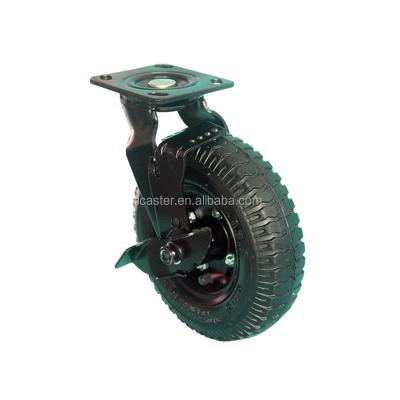 China 8/10 Inch Industrial Pneumatic Rubber Swivel Plate Roller Caster Wheel For Luggage Trolley With Side Brake for sale