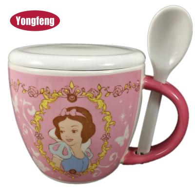 China Viable Custom Printed Cartoon Design Pink 4.8 Inch Ceramic Noodle Bowls With Lid for sale