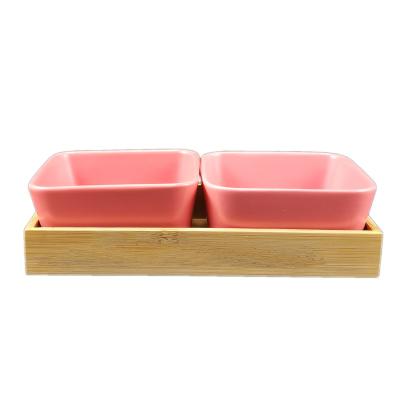 China Sustainable Japanese Soy Sauce Dish Sushi Salad Snack Serving Ceramic Sauce Dish With Bamboo Tray for sale