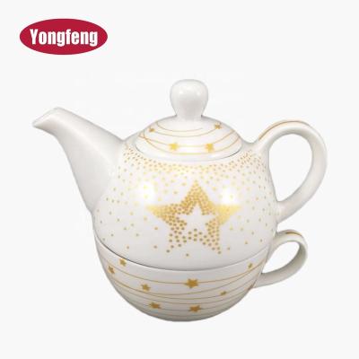 China Viable Wholesale Gold Printed Ceramic Teapot With Cup In One for sale