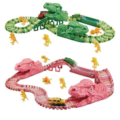 China Split toy pink dinosaur set building block track toys diy train tracks railway toys with electric car for sale