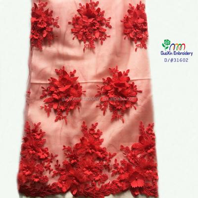 China 2016 viable wholesale newest 3D lace fabric /nice wedding dress accessories red flower 3D embroidery fabric for sale