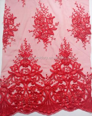 China Viable decorate red rhinestone embroidery lace fabric for wedding dress/evening dress for sale