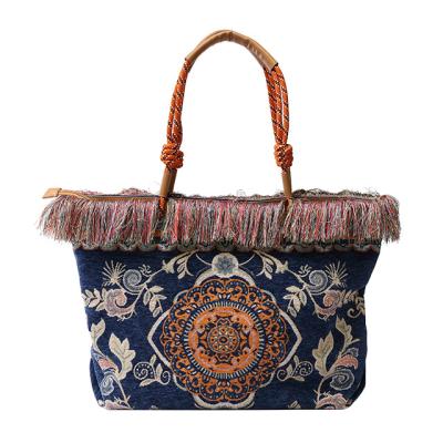 China Guangzhou Fashion Flower Design Large Capacity Purse Tassel Canvas Shoulder Bag Tote Handbag For Women 2022 for sale