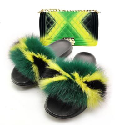 China 2021 Fashion Trend Hot Selling Fox Fur Real Slides Women Slippers Jelly Bag Fanny Pack Fur Slides With Purse Set for sale