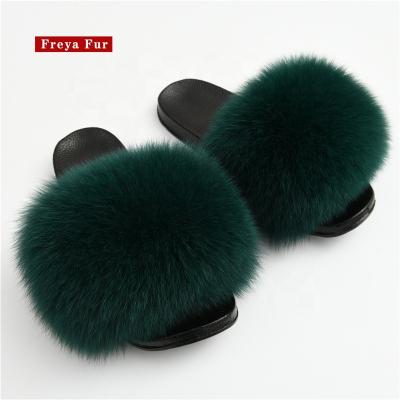 China Wholesale High Quality Fashion Trend Real Fox Fur Fluffy Green Slides For Women And Kids for sale