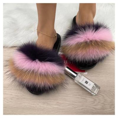 China Fashion Trend Amazon Hot Sale Real Outdoor Camouflage Fur Slides Bulk Natural Colorful Fluffy Fur Slides For Women for sale