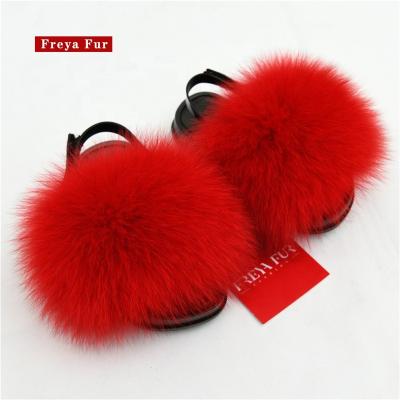 China Fashion Trend Logo Kids Fluffy Fox Fur Custom Made Slips Red Kids Fur Slippers With Strap for sale