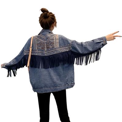 China Anti-wrinkle China Supplier Plus Size Loose Fit Women Blue Tassel Denim Comfortable Casual Jackets for sale