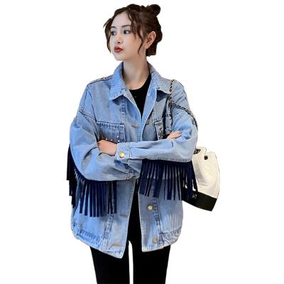 China Anti-wrinkle new products blue oversized daily fashion stylish women plus size tassel denim jackets for sale