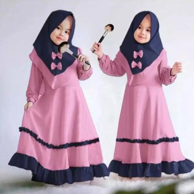 China Pleated Wholesale Muslim Eid Islamic Clothing With Hijab Bow Tie Skirt Pleated Solid Girls Dress Eid Muslim Baby Girl Dresses for sale