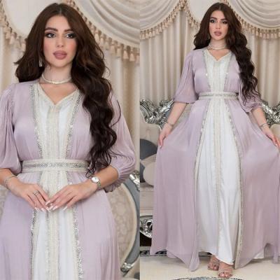 China Diamond 2 Piece Set Ladies Maxi Summer Dresses Open Sleeve Eid Abaya Shiny Satin Abaya Puff For Muslim Women for sale